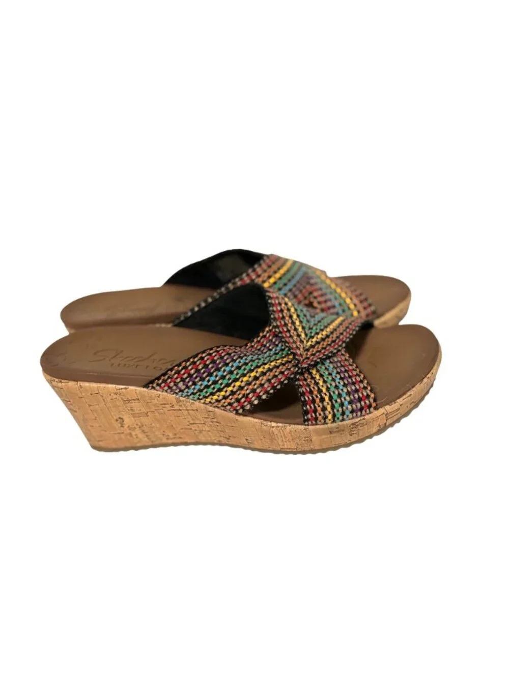 Skechers Womens Size 7 Multicolor Beverlee Cork Wedge 3 in Heel Slide Sandals Sh